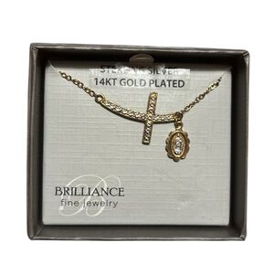 925 Sterling Silver 14KT Gold Plated Cross & Oval Pendant Necklace